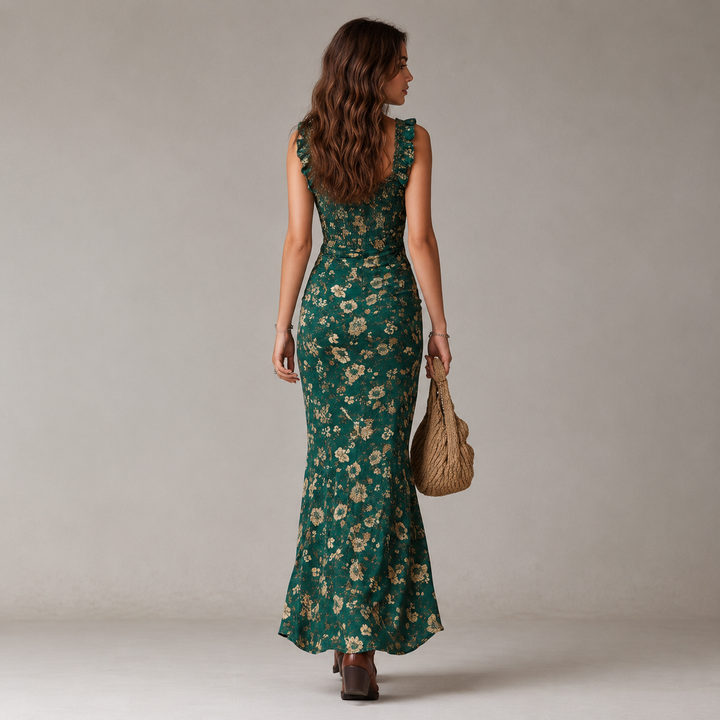 Zara | Bohemian Floral Ruched Maxi Dress with Side Slit