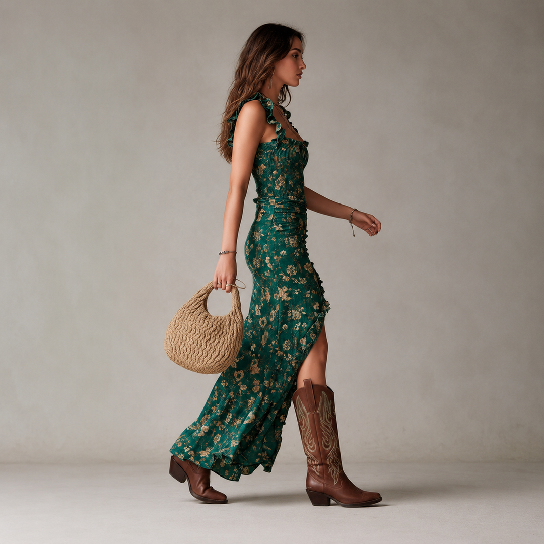 Zara | Bohemian Floral Ruched Maxi Dress with Side Slit