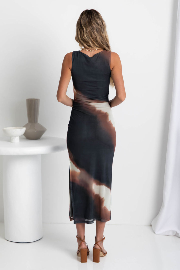 Naya Mesh Midi Dress - Choc Watercolour
