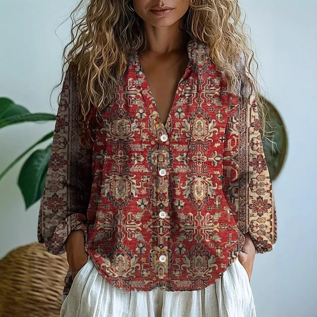 Women’s Blouse | Printed V-Neck Long Sleeve